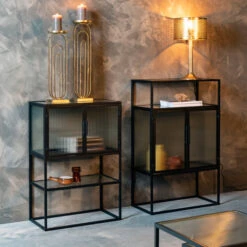 Ribbelglas Kastje Zwart Staal -WOOOD Verkoopwinkel dutchbone boli ribbelglas wandkastje 009