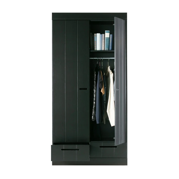WOOOD Zwarte Kledingkast 2-deurs Met Lades 6 WOOOD Zwarte Kledingkast 2-deurs Met Lades - Afbeelding 4
