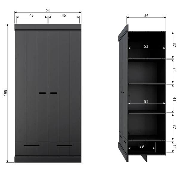 WOOOD Zwarte Kledingkast 2-deurs Met Lades 11 WOOOD Zwarte Kledingkast 2-deurs Met Lades - Afbeelding 9